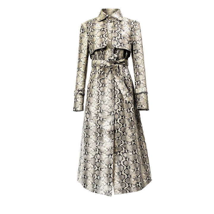 Snake-Print Faux Leather Belted Long Trench Coat-Vyana Collective