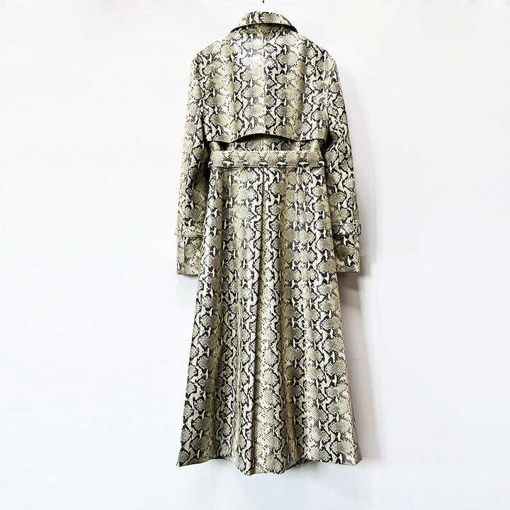 Snake-Print Faux Leather Belted Long Trench Coat-Vyana Collective