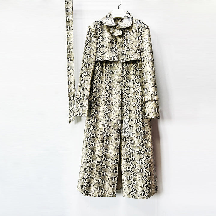 Snake-Print Faux Leather Belted Long Trench Coat-Vyana Collective