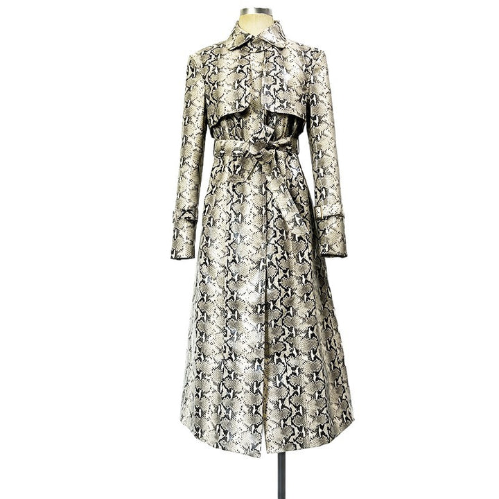 Snake-Print Faux Leather Belted Long Trench Coat-Vyana Collective