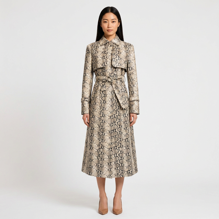 Snake-Print Faux Leather Belted Long Trench Coat-Vyana Collective