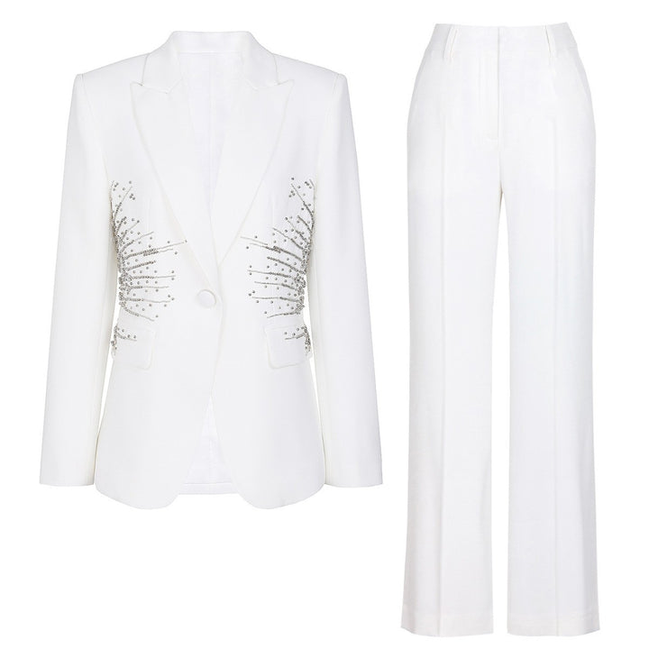 Sparkling Rhinestone Waist Blazer and Wide Leg Pants Set for Friday Night Vibes Women-Vyana Collective