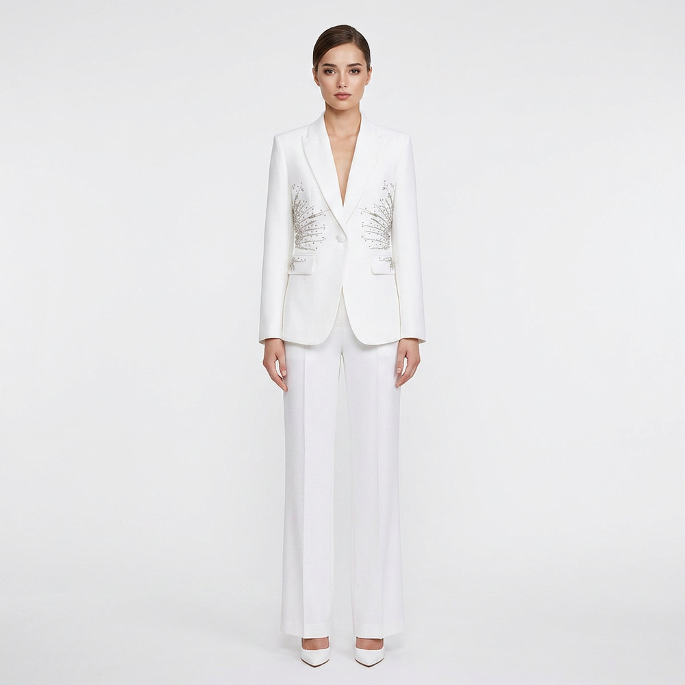 Sparkling Rhinestone Waist Blazer and Wide Leg Pants Set for Friday Night Vibes Women-Vyana Collective