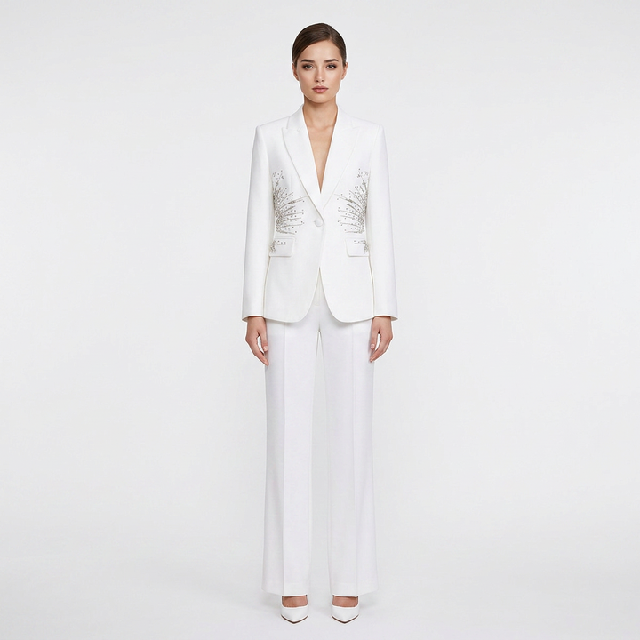 Sparkling Rhinestone Waist Blazer and Wide Leg Pants Set for Friday Night Vibes Women-Vyana Collective