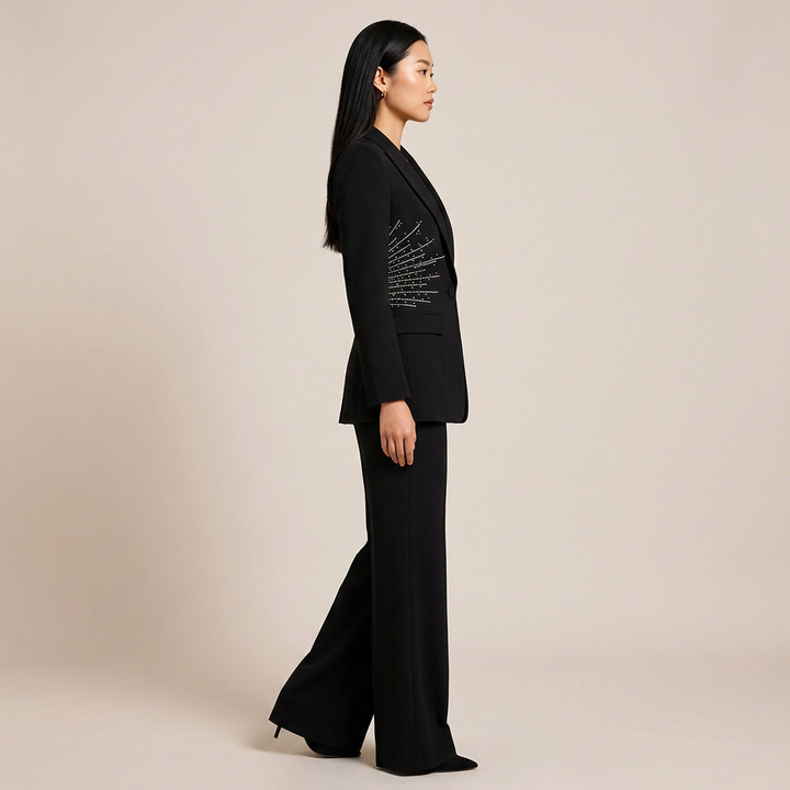Sparkling Rhinestone Waist Blazer and Wide Leg Pants Set for Friday Night Vibes Women-Vyana Collective
