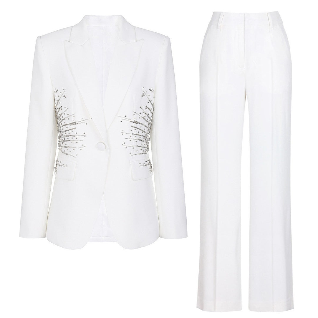 Sparkling Rhinestone Waist Blazer and Wide Leg Pants Set for Friday Night Vibes Women-Vyana Collective