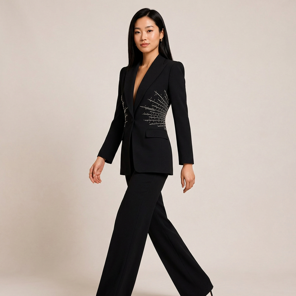 Sparkling Rhinestone Waist Blazer and Wide Leg Pants Set for Friday Night Vibes Women-Vyana Collective