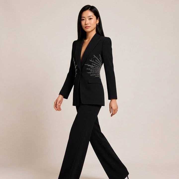 Sparkling Rhinestone Waist Blazer and Wide Leg Pants Set for Friday Night Vibes Women-Vyana Collective