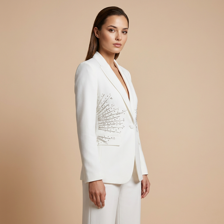 Sparkling Rhinestone Waist Blazer and Wide Leg Pants Set for Friday Night Vibes Women-Vyana Collective