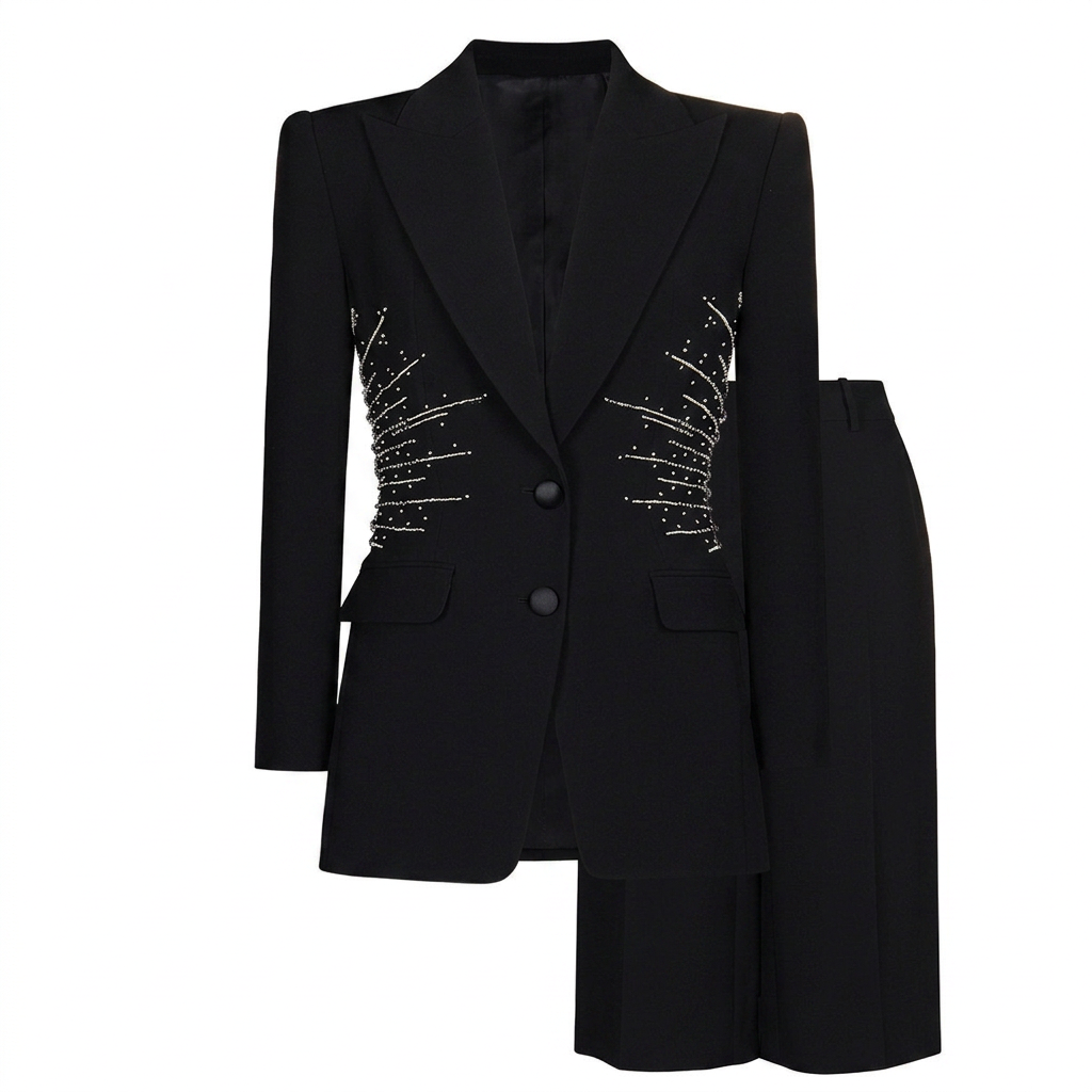 Sparkling Rhinestone Waist Blazer and Wide Leg Pants Set for Friday Night Vibes Women-Vyana Collective