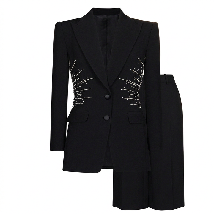Sparkling Rhinestone Waist Blazer and Wide Leg Pants Set for Friday Night Vibes Women-Vyana Collective