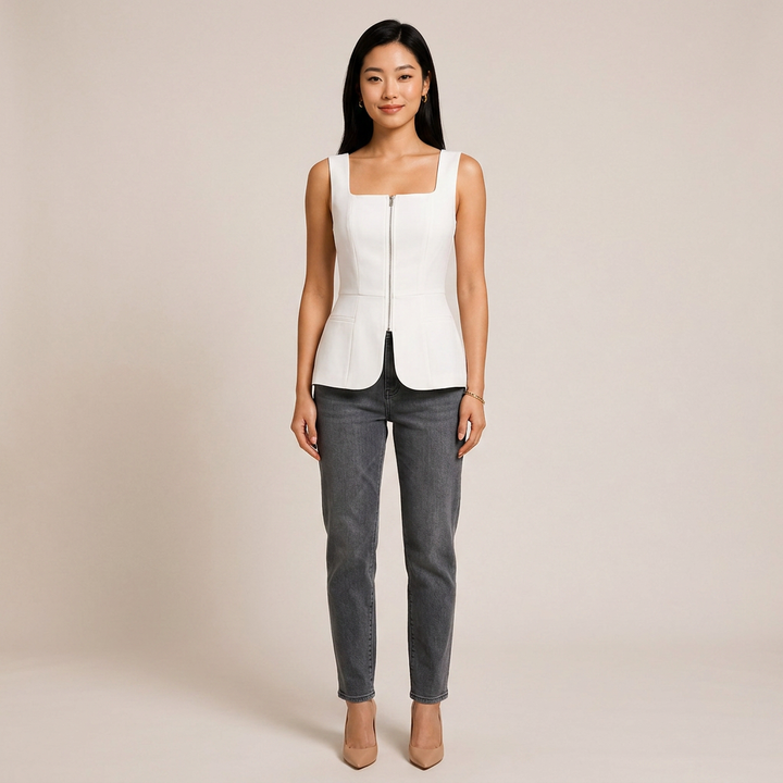 Square Neck Waist Cinched Top for Meetings Ready and Modern Office Style Women-Vyana Collective