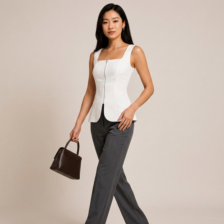 Square Neck Waist Cinched Top for Meetings Ready and Modern Office Style Women-Vyana Collective