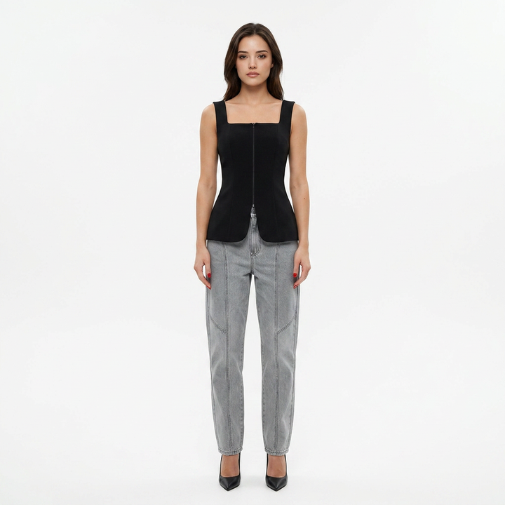 Square Neck Waist Cinched Top for Meetings Ready and Modern Office Style Women-Vyana Collective