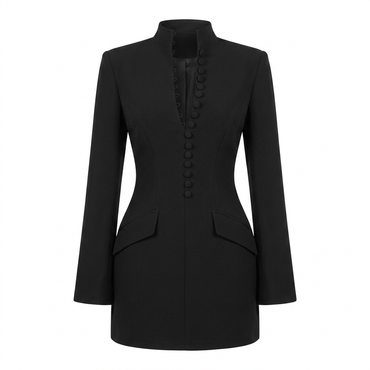 Stand Collar Button Front Blazer Mini Dress for Meetings Ready and Elegant Evening Wear Women-Vyana Collective