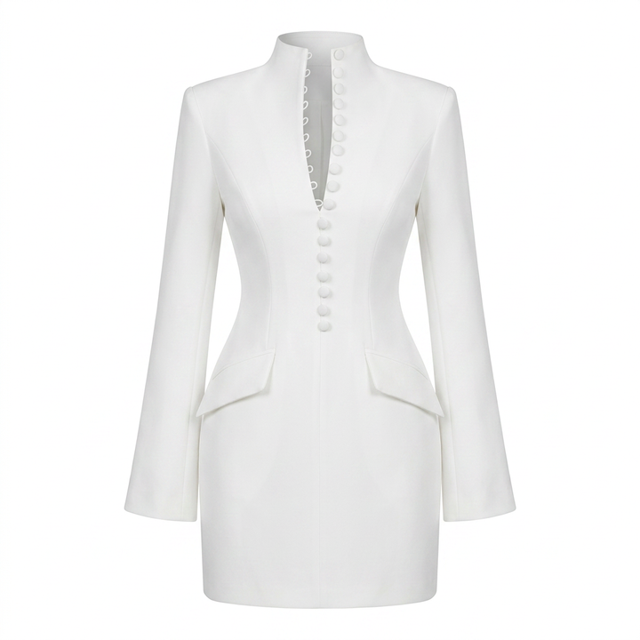 Stand Collar Button Front Blazer Mini Dress for Meetings Ready and Elegant Evening Wear Women-Vyana Collective