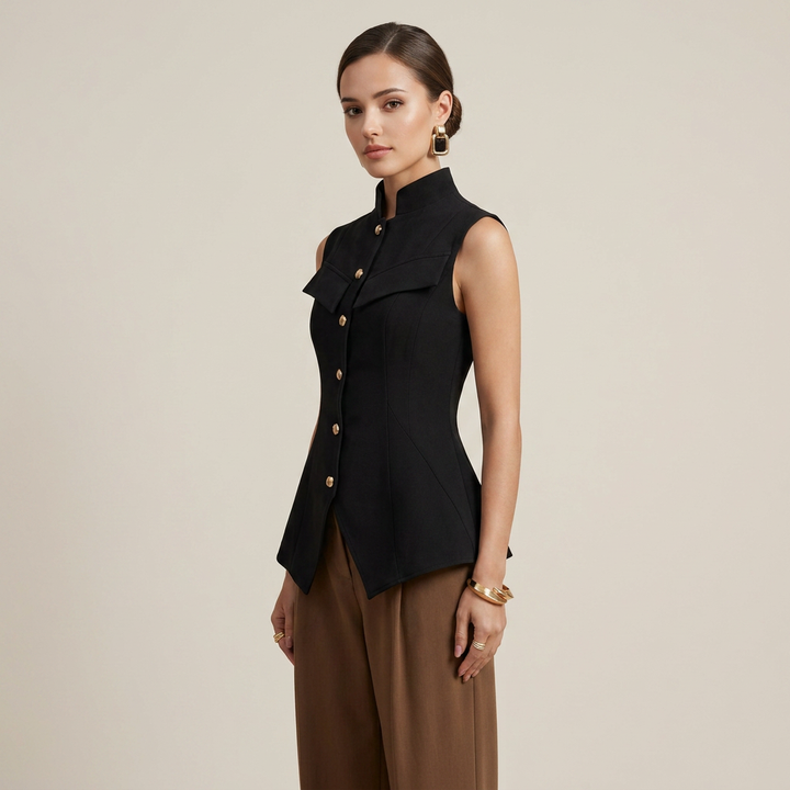 Stand Collar Button Front Vest Top for Meetings Ready and Modern Office Style Women-Vyana Collective