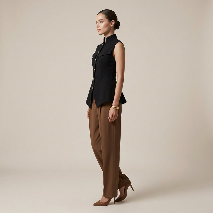 Stand Collar Button Front Vest Top for Meetings Ready and Modern Office Style Women-Vyana Collective
