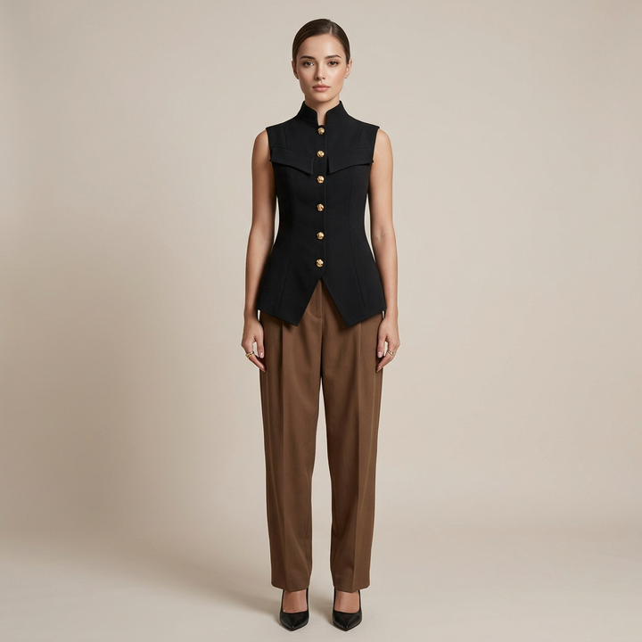 Stand Collar Button Front Vest Top for Meetings Ready and Modern Office Style Women-Vyana Collective