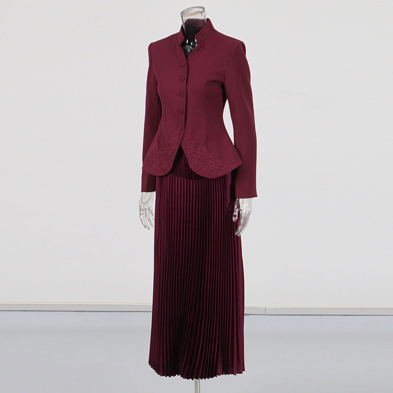 Stand Collar Embroidered Blazer &amp; Pleated Midi Skirt Suit Set-Vyana Collective
