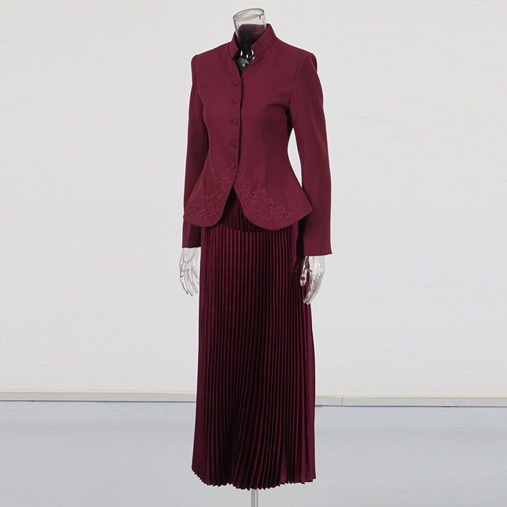 Stand Collar Embroidered Blazer &amp; Pleated Midi Skirt Suit Set-Vyana Collective