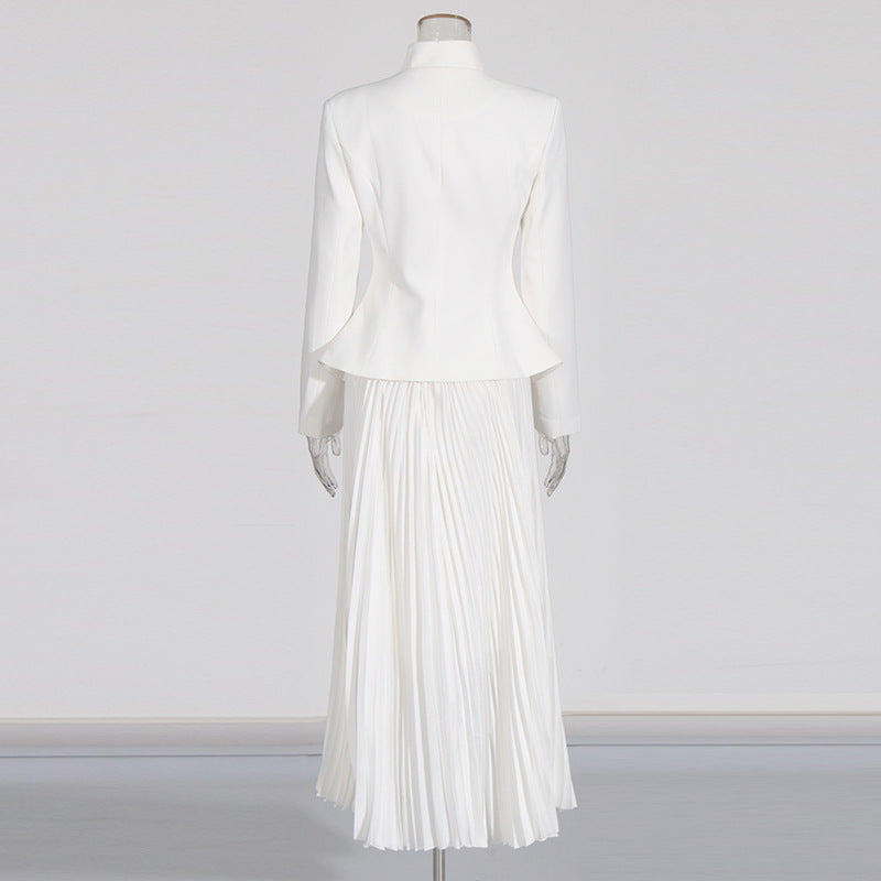 Stand Collar Embroidered Blazer &amp; Pleated Midi Skirt Suit Set-Vyana Collective