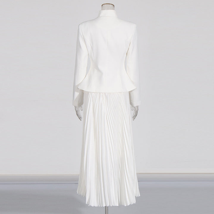 Stand Collar Embroidered Blazer &amp; Pleated Midi Skirt Suit Set-Vyana Collective