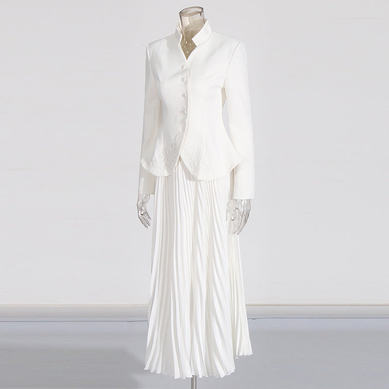 Stand Collar Embroidered Blazer &amp; Pleated Midi Skirt Suit Set-Vyana Collective