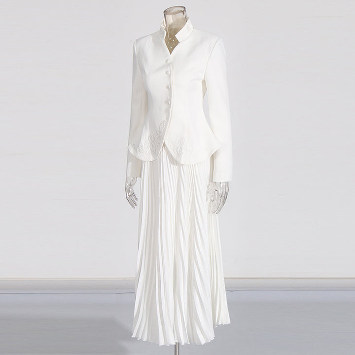 Stand Collar Embroidered Blazer &amp; Pleated Midi Skirt Suit Set-Vyana Collective