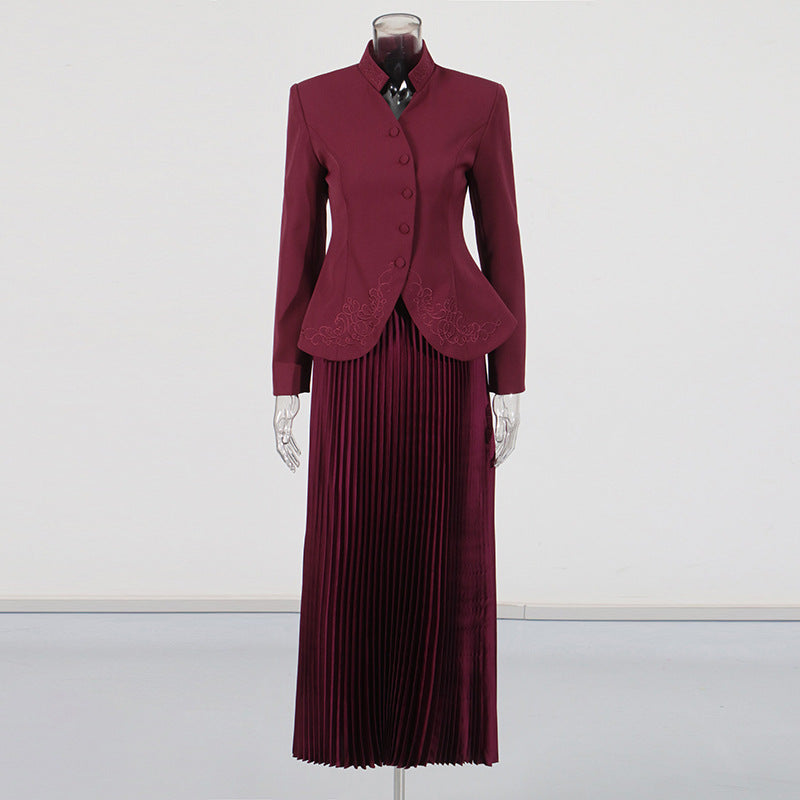 Stand Collar Embroidered Blazer &amp; Pleated Midi Skirt Suit Set-Vyana Collective