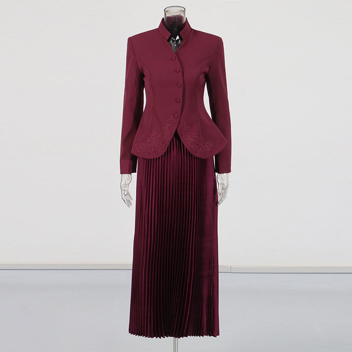 Stand Collar Embroidered Blazer &amp; Pleated Midi Skirt Suit Set-Vyana Collective