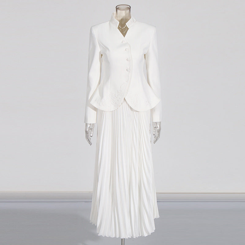 Stand Collar Embroidered Blazer &amp; Pleated Midi Skirt Suit Set-Vyana Collective