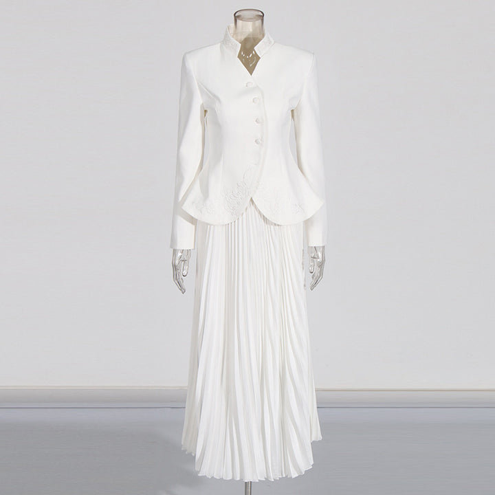 Stand Collar Embroidered Blazer &amp; Pleated Midi Skirt Suit Set-Vyana Collective