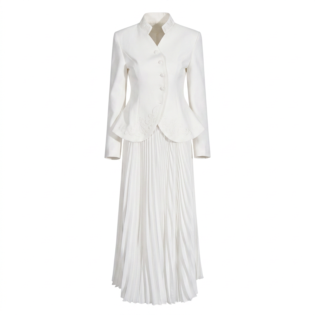 Stand Collar Embroidered Blazer &amp; Pleated Midi Skirt Suit Set-Vyana Collective