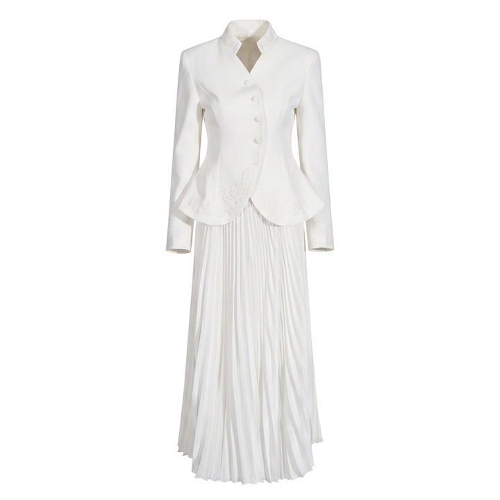Stand Collar Embroidered Blazer &amp; Pleated Midi Skirt Suit Set-Vyana Collective