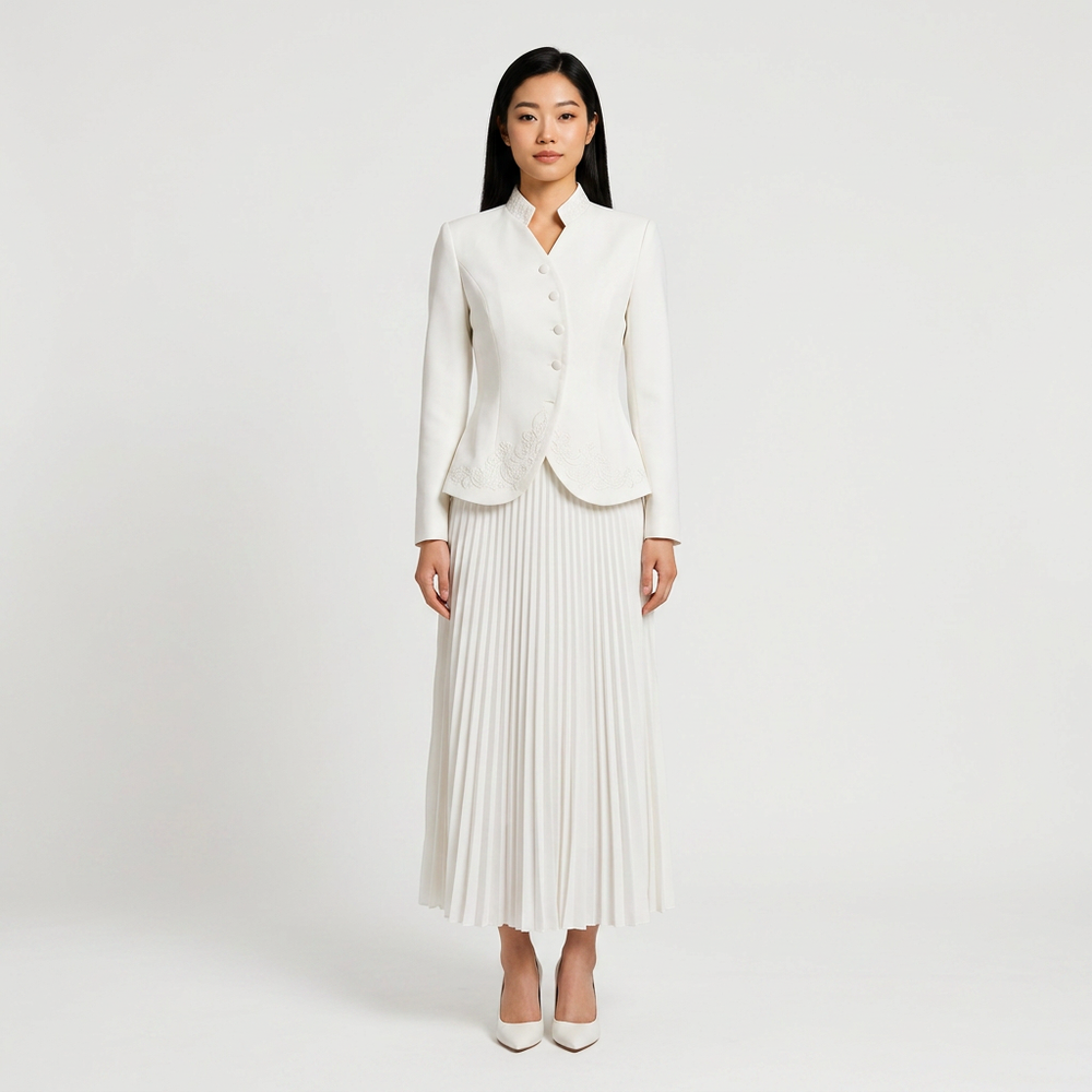 Stand Collar Embroidered Blazer & Pleated Midi Skirt Suit Set-Vyana Collective