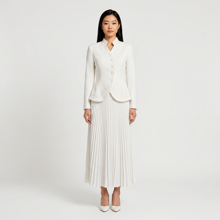 Stand Collar Embroidered Blazer &amp; Pleated Midi Skirt Suit Set-Vyana Collective