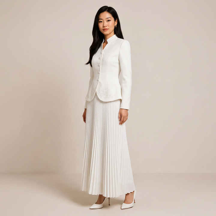 Stand Collar Embroidered Blazer &amp; Pleated Midi Skirt Suit Set-Vyana Collective