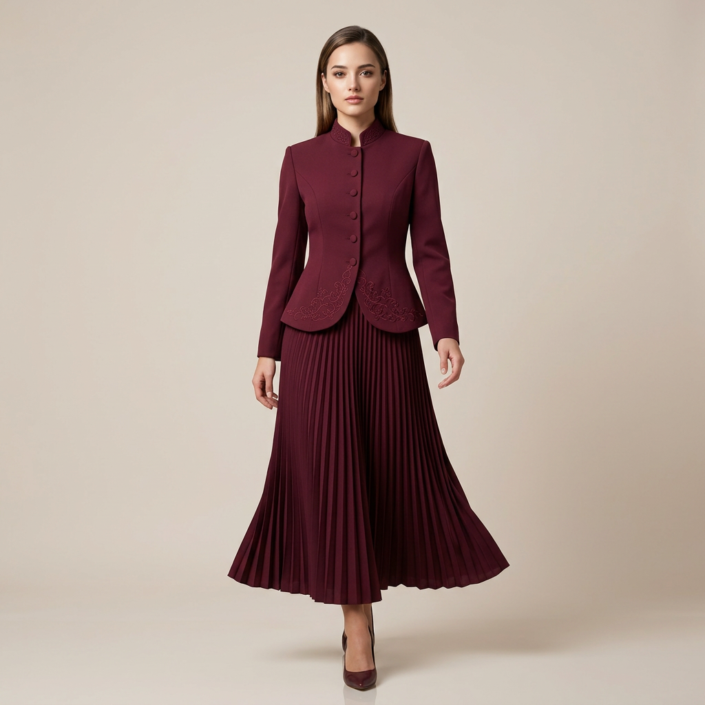 Stand Collar Embroidered Blazer &amp; Pleated Midi Skirt Suit Set-Vyana Collective