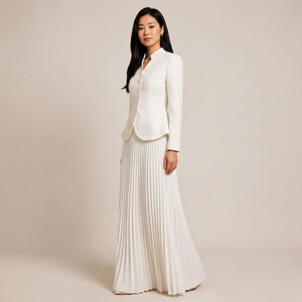 Stand Collar Embroidered Blazer &amp; Pleated Midi Skirt Suit Set-Vyana Collective