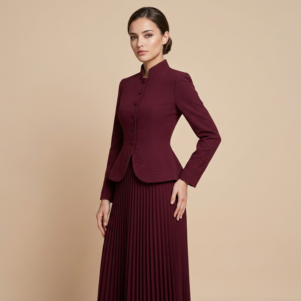 Stand Collar Embroidered Blazer &amp; Pleated Midi Skirt Suit Set-Vyana Collective