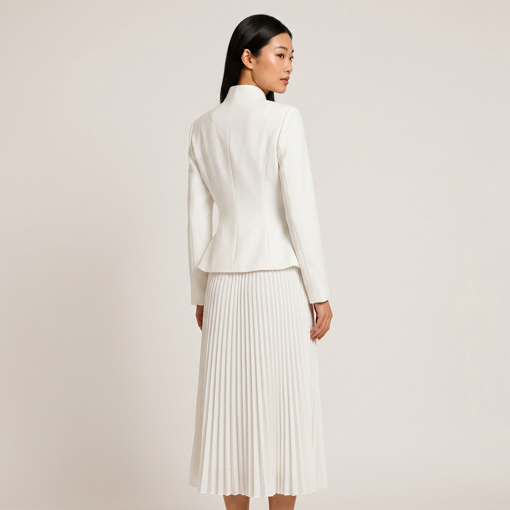 Stand Collar Embroidered Blazer &amp; Pleated Midi Skirt Suit Set-Vyana Collective