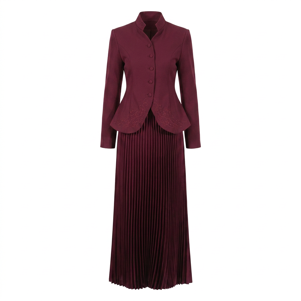 Stand Collar Embroidered Blazer &amp; Pleated Midi Skirt Suit Set-Vyana Collective