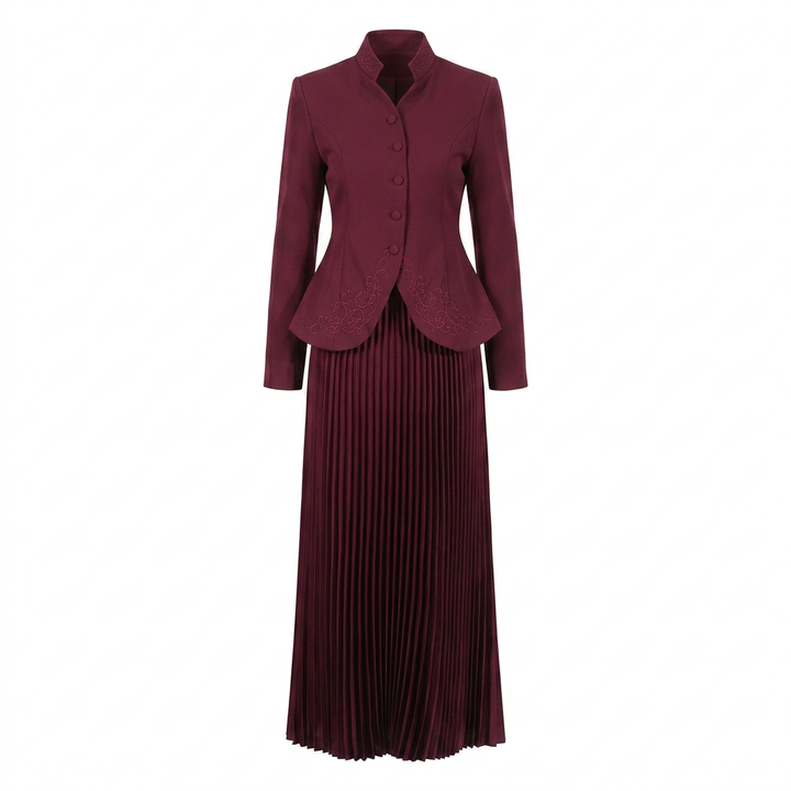 Stand Collar Embroidered Blazer &amp; Pleated Midi Skirt Suit Set-Vyana Collective