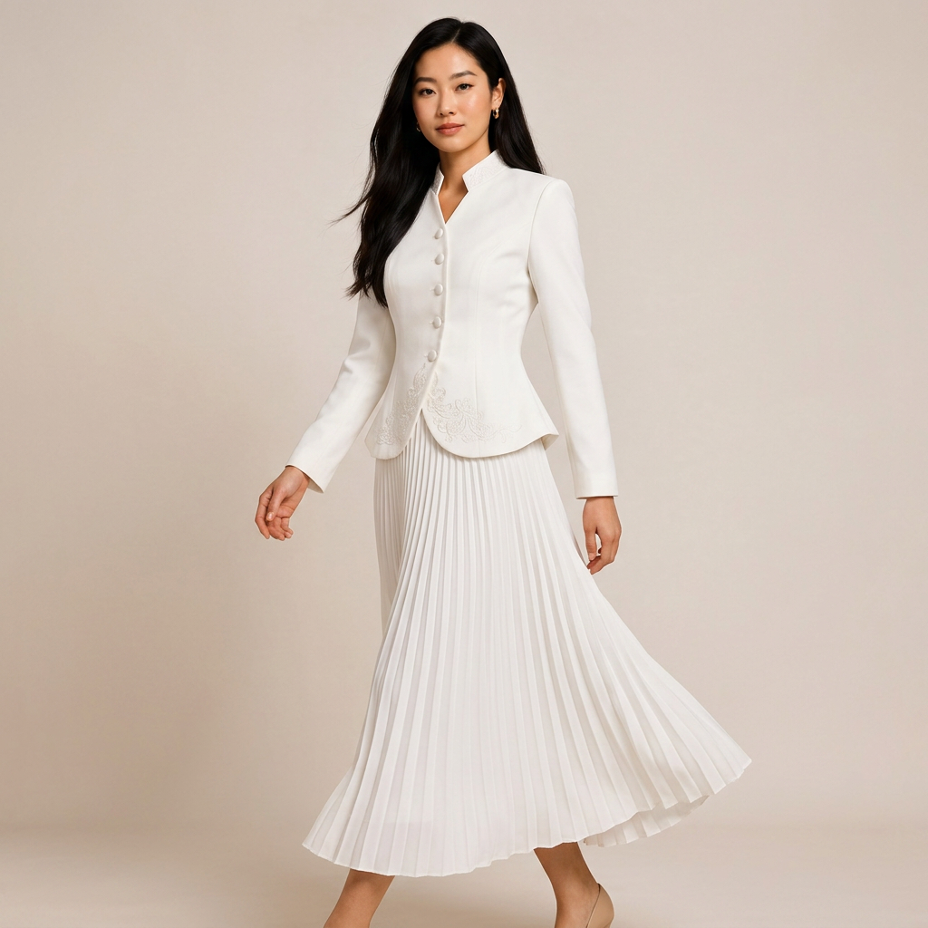 Stand Collar Embroidered Blazer &amp; Pleated Midi Skirt Suit Set-Vyana Collective