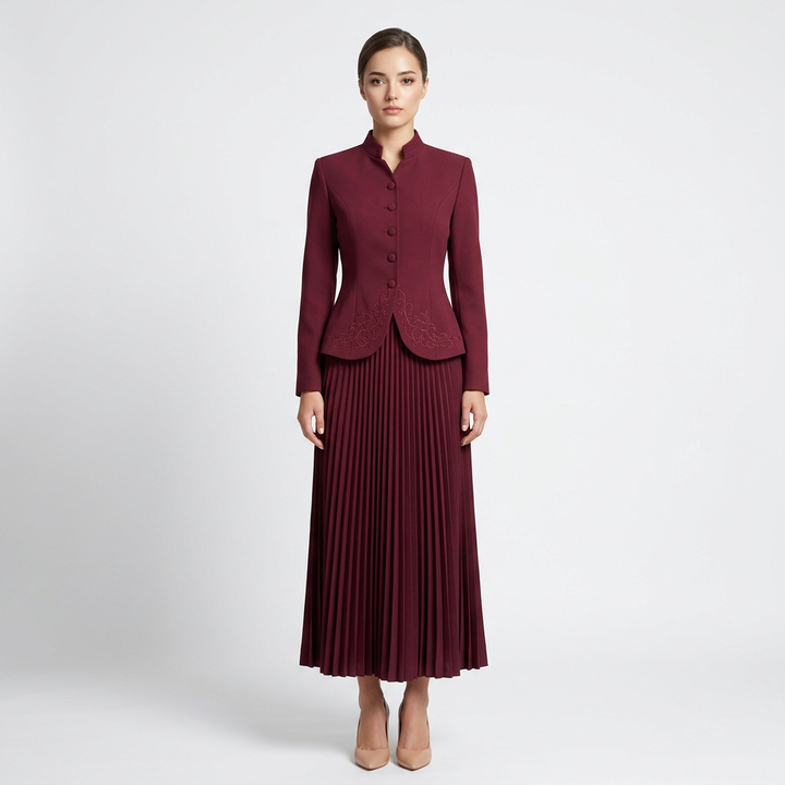 Stand Collar Embroidered Blazer &amp; Pleated Midi Skirt Suit Set-Vyana Collective