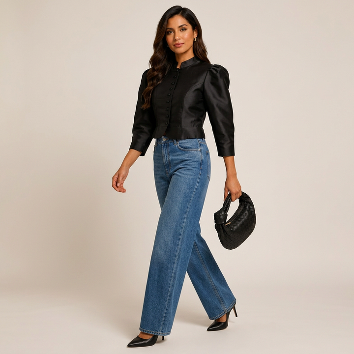 Stand Collar Puff Sleeve Cropped Blouse for Meetings Ready and Vintage Executive Style Women-Vyana Collective