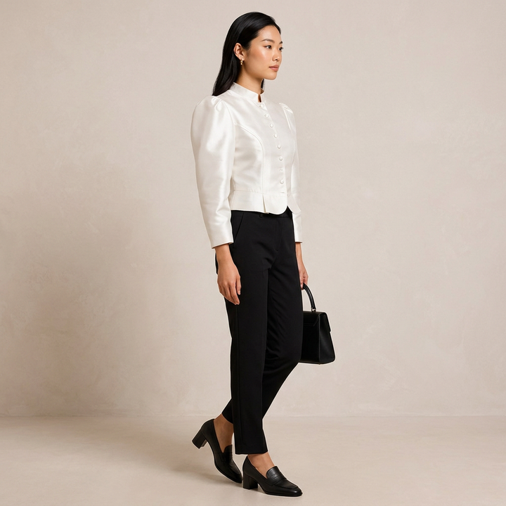 Stand Collar Puff Sleeve Cropped Blouse for Meetings Ready and Vintage Executive Style Women-Vyana Collective