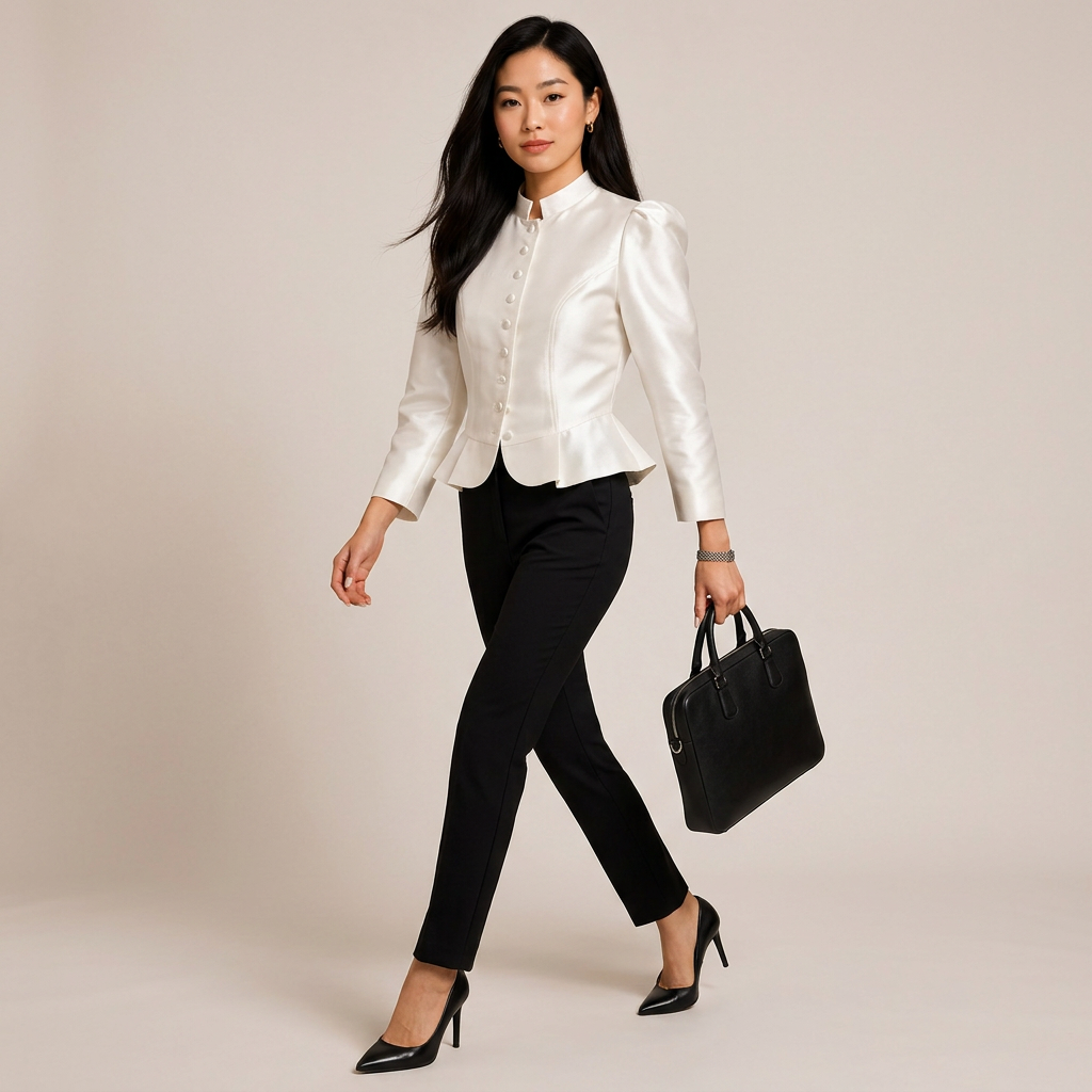 Stand Collar Puff Sleeve Cropped Blouse for Meetings Ready and Vintage Executive Style Women-Vyana Collective