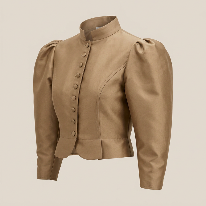 Stand Collar Puff Sleeve Cropped Blouse for Meetings Ready and Vintage Executive Style Women-Vyana Collective